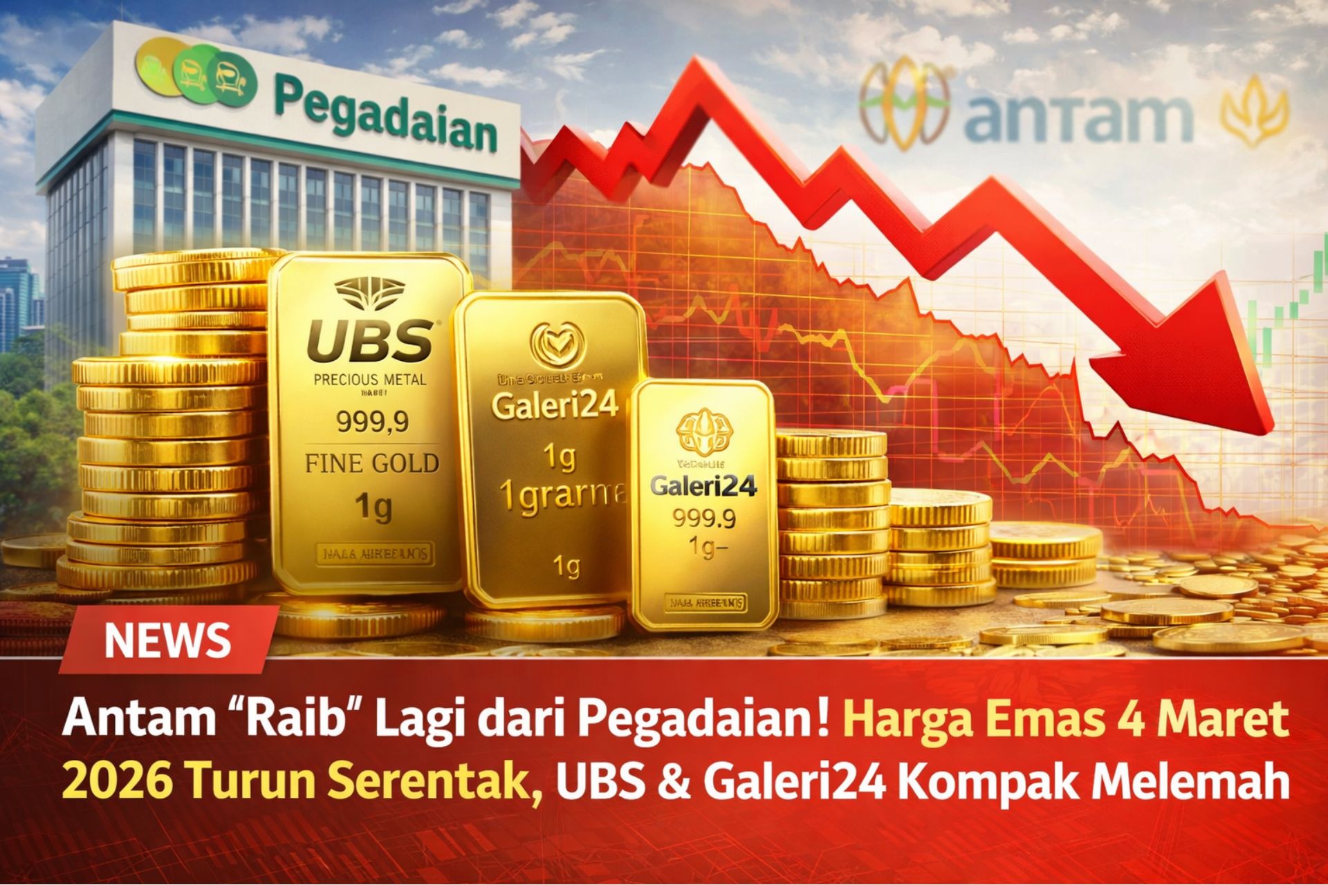 Antam Kembali Hilang! Harga Emas Pegadaian 4 Maret 2026 Turun Serentak, UBS dan Galeri24 Melemah Tajam